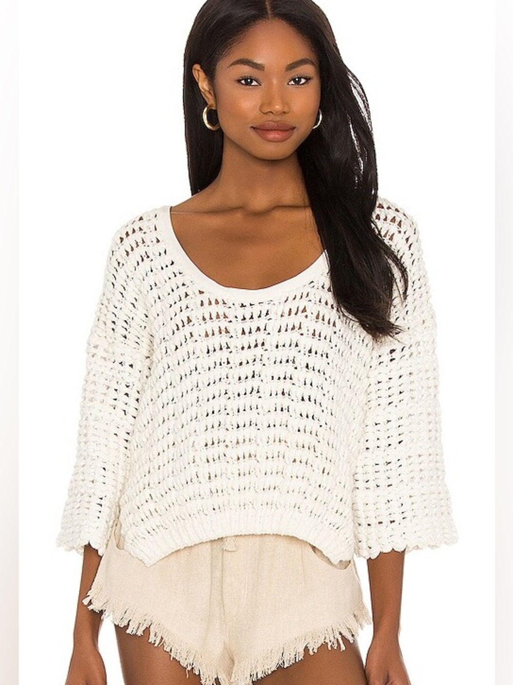 Free People Cozy Pullover Open Knit Boho Ivory Sweater size Medium